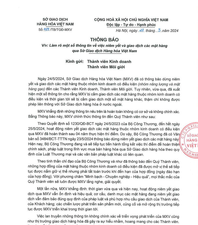 Thông báo - Làm rõ thông tin về việc niêm yết và giao dịch các mặt hàng của Sở Giao Dịch Hàng Hóa Việt Nam