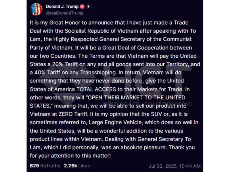 Bài đăng của ông Trump trên nền tảng Truth Social